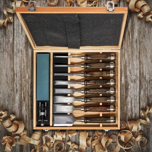 10 Pieces Wood Chisels Set with Honing Guide & Sharpening Stone for Woodworking Wood Carving Tools Kit with Wooden Box for Beginners and Professionals(Black Walnut) - Image 3