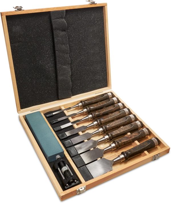 10 Pieces Wood Chisels Set with Honing Guide & Sharpening Stone for Woodworking Wood Carving Tools Kit with Wooden Box for Beginners and Professionals(Black Walnut) - Image 8