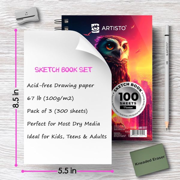 Artisto 5.5X8.5” Premium Sketch Book Set, Pack of 3 (300 Sheets), 68lb (100gsm), Spiral Bound, Acid-Free Drawing Paper, Perfect for Most Dry Media - Image 3